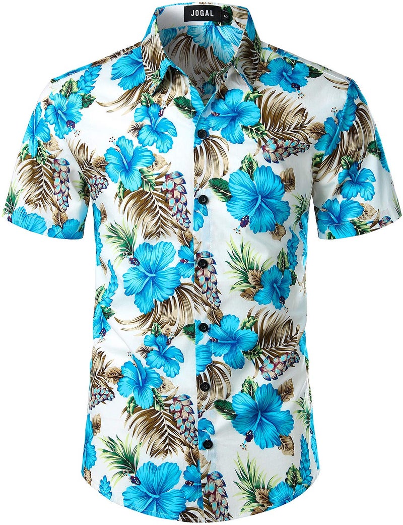 JOGAL Men's Flower Casual Short Sleeve Aloha Hawaiian Shirt 3X-Large Blue - Image 2